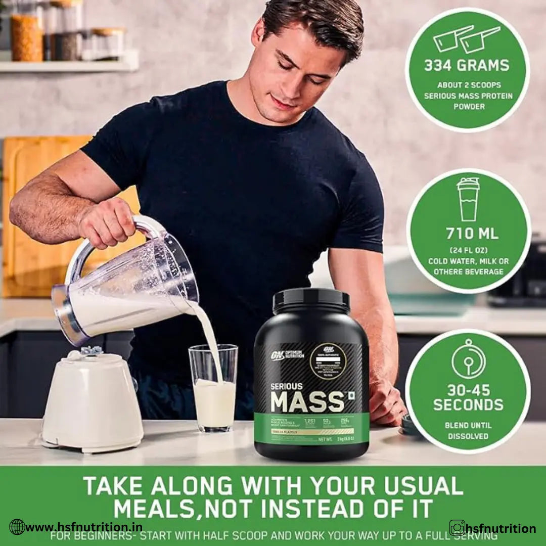 OPTIMUM NUTRITION ON Serious Mass High Protein High Calorie Weight Gainer Powder - 3 kg, Chocolate - Hold Strong Fitness & Nutrition