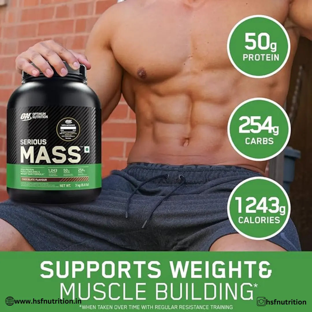 OPTIMUM NUTRITION ON Serious Mass High Protein High Calorie Weight Gainer Powder - 3 kg, Chocolate - Hold Strong Fitness & Nutrition