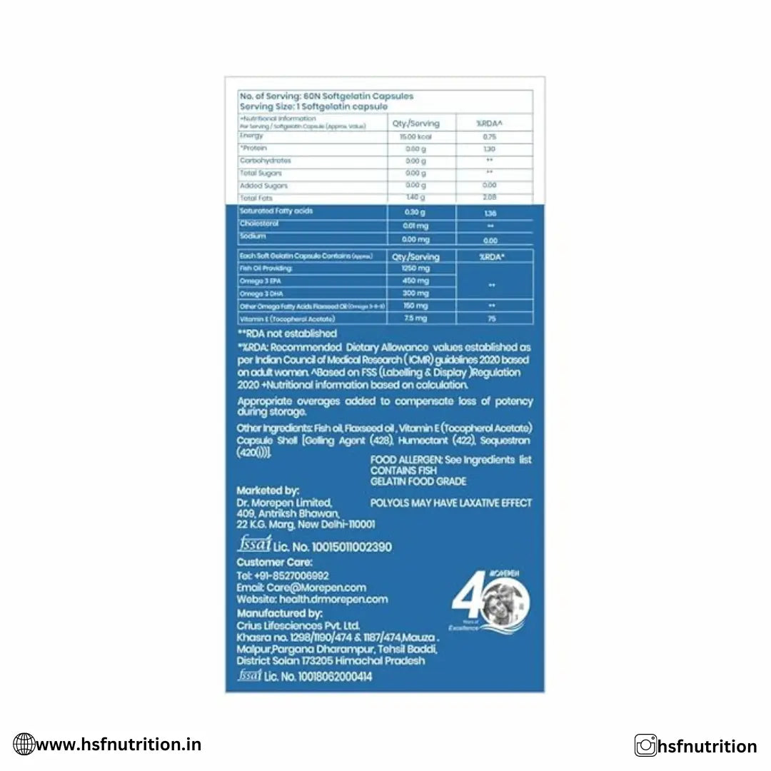 DR. MOREPEN Omega 3 - 1250mg with 900mg DHA & EPA - 60 Softgels - Hold Strong Fitness & Nutrition