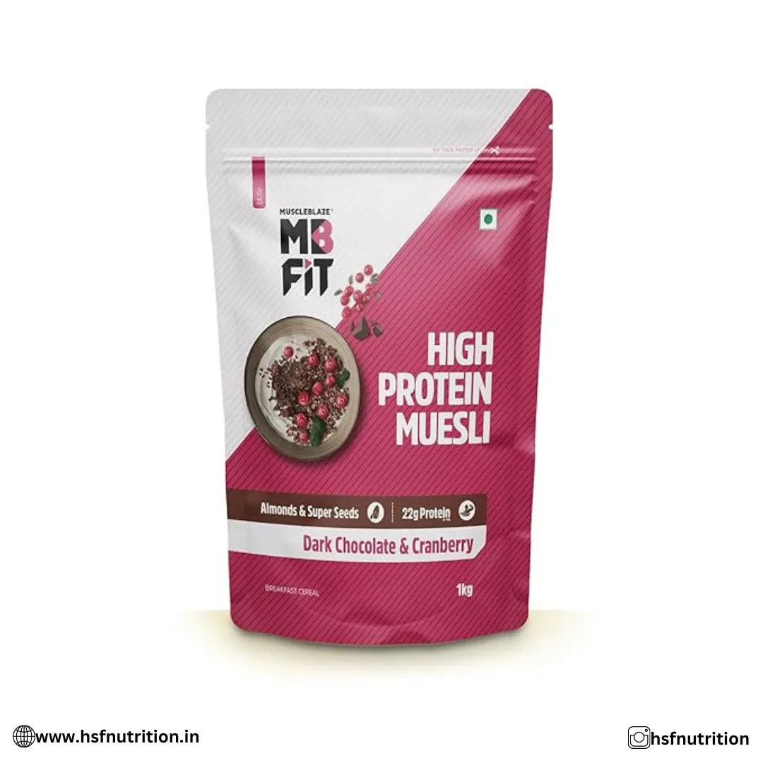 MuscleBlaze MB Fit High Protein Muesli - 1kg, Dark Chocolate & Cranberry, 22g Protein - Hold Strong Fitness & Nutrition