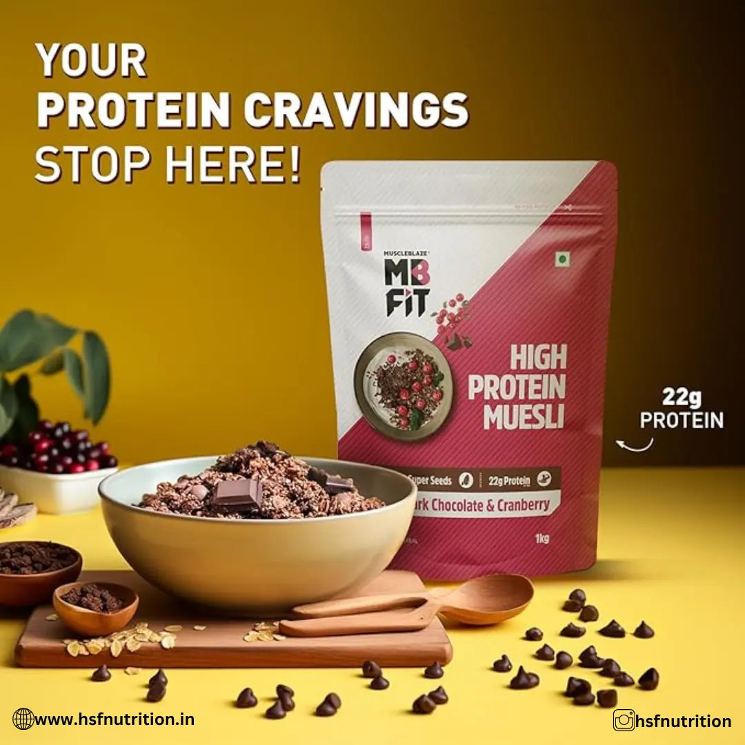 MuscleBlaze MB Fit High Protein Muesli - 1kg, Dark Chocolate & Cranberry, 22g Protein - Hold Strong Fitness & Nutrition