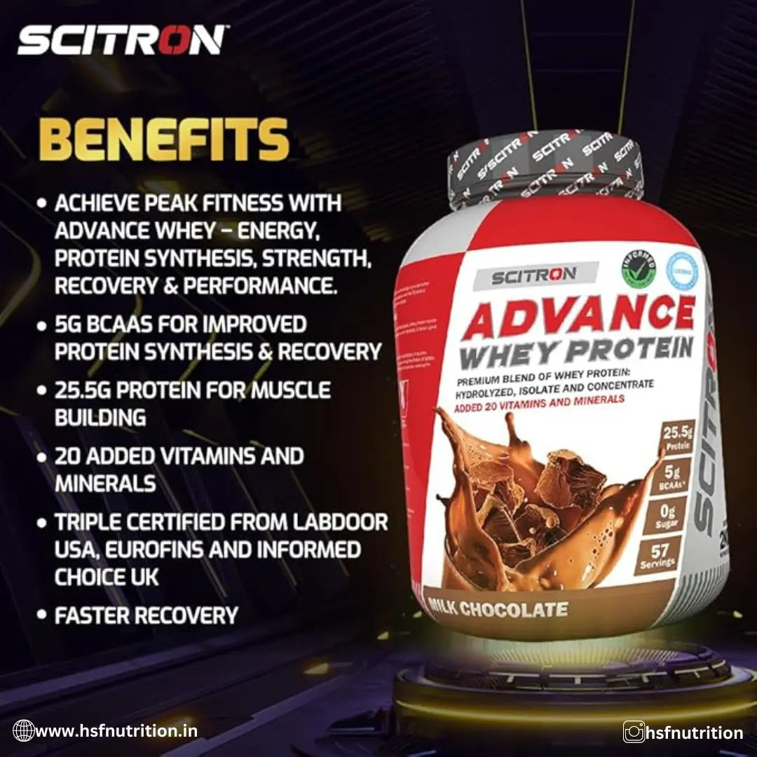 Scitron Advance Whey - 2KG, Milk Chocolate, 57 Servings | 25.5G Protein, 5g BCAA - Hold Strong Fitness & Nutrition