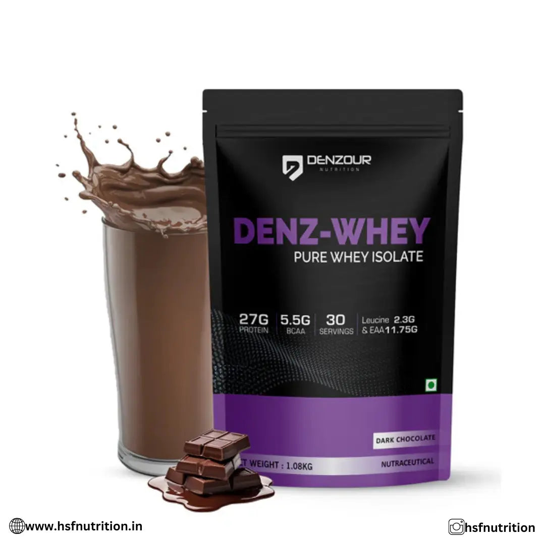 DENZOUR NUTRITION Denz-Whey Whey Isolate Protein - 1 kg, 30 Serving, 27g Protein, Dark Chocolate - Hold Strong Fitness & Nutrition