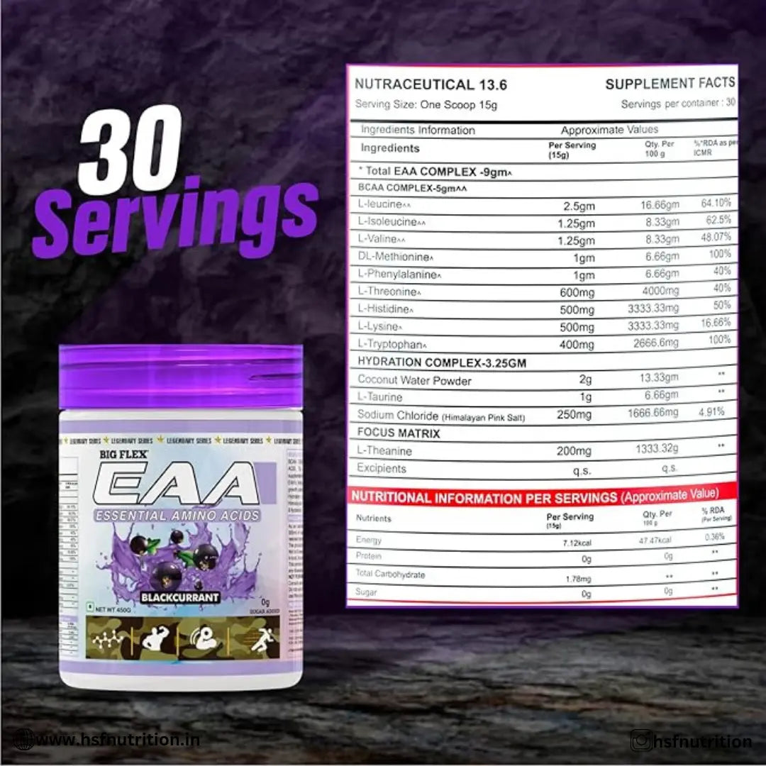 BigFlex EAA Essential Amino Acid Full Spectrum EAAs-BCAA - 450 gm, 30 Servings, Black Current - Hold Strong Fitness & Nutrition