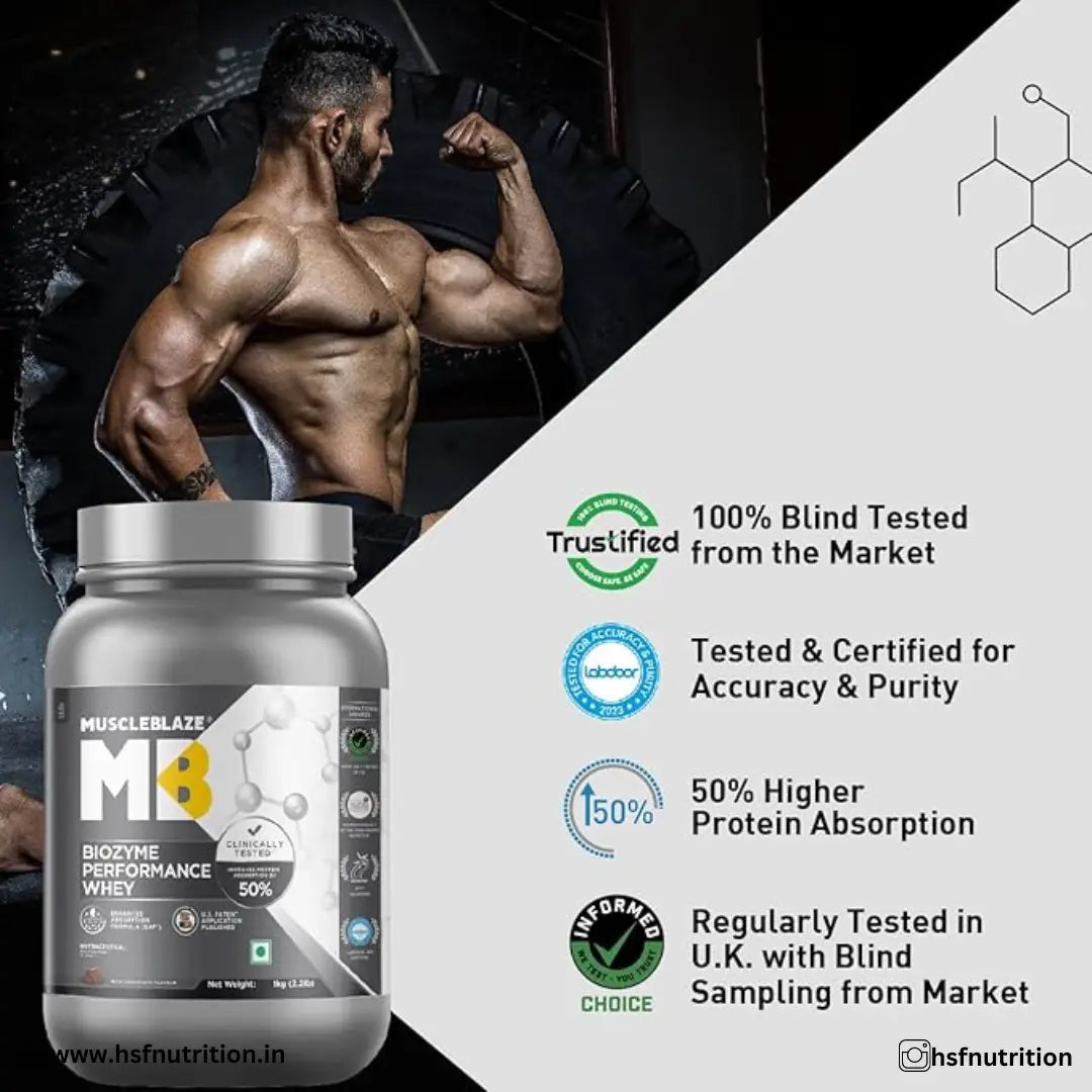 MuscleBlaze MB Biozyme Performance Whey Protein - Rich Chocolate, 1 kg - Hold Strong Fitness & Nutrition
