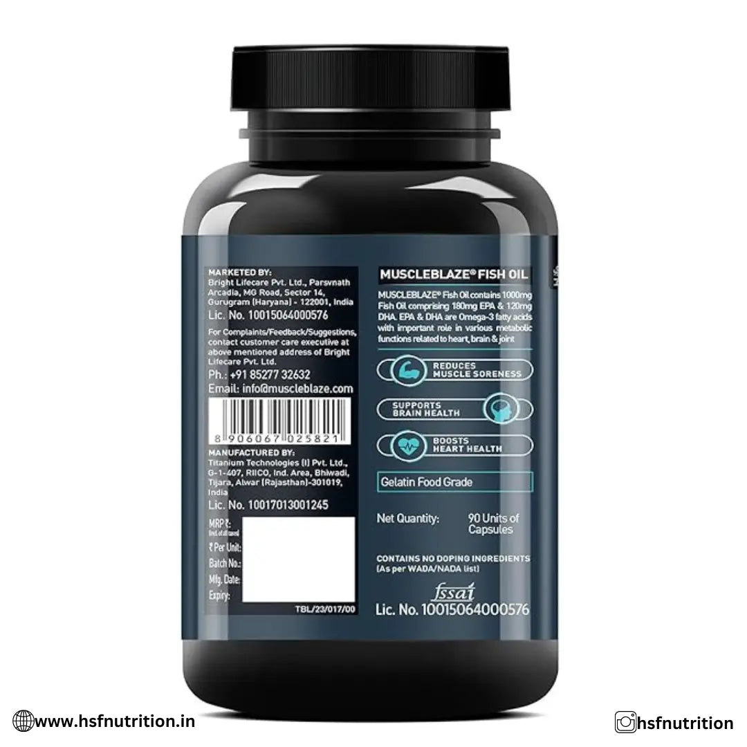 MuscleBlaze MB Omega 3 Fish Oil - 90 Capsules | 1000mg Omega 3 with 180mg EPA & 120mg DHA - Hold Strong Fitness & Nutrition