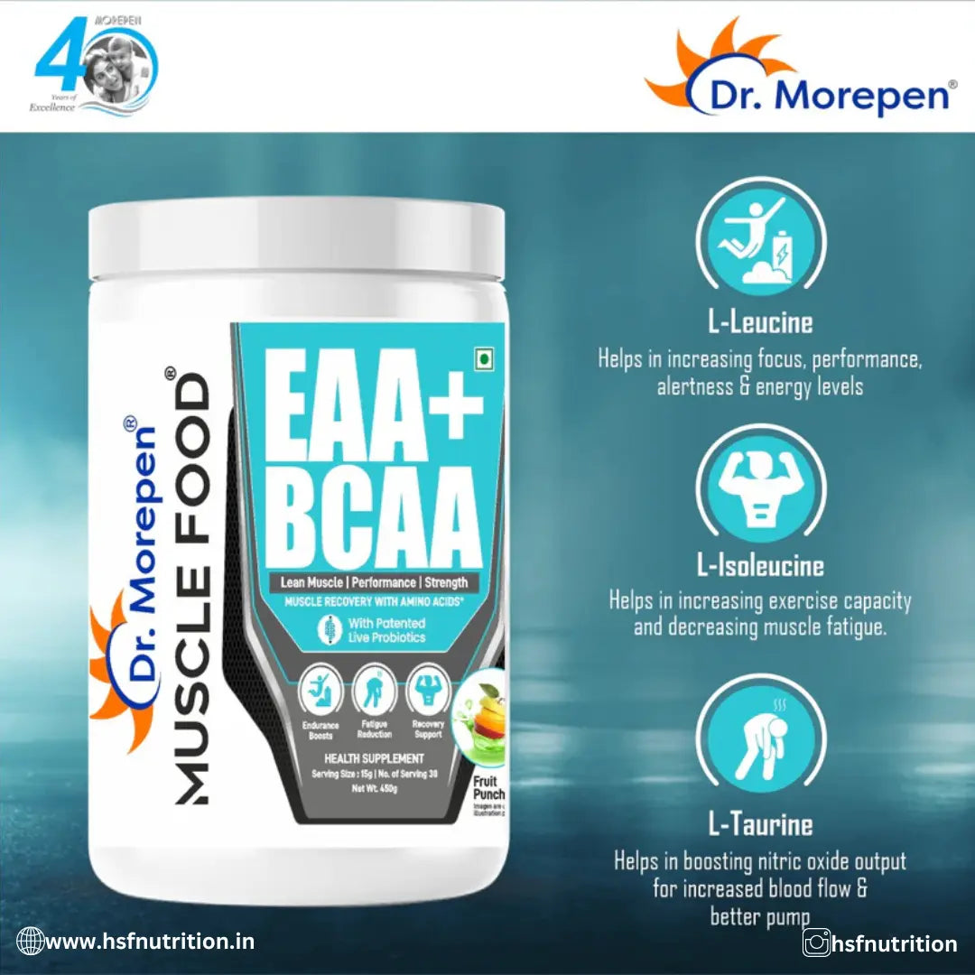 Dr. Morepen Muscle food EAA+BCAA - 30 Serving, Fruit Punch - Hold Strong Fitness & Nutrition