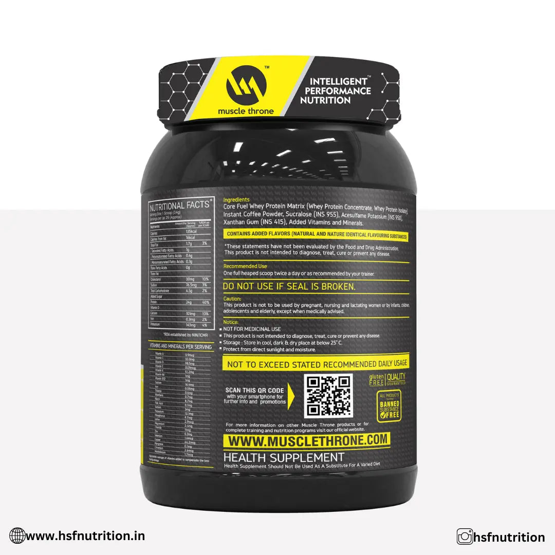 Muscle Throne Corefuel Whey Protein - 1 kg, Chocolate, 24gm, 31 Serving - Hold Strong Fitness & Nutrition