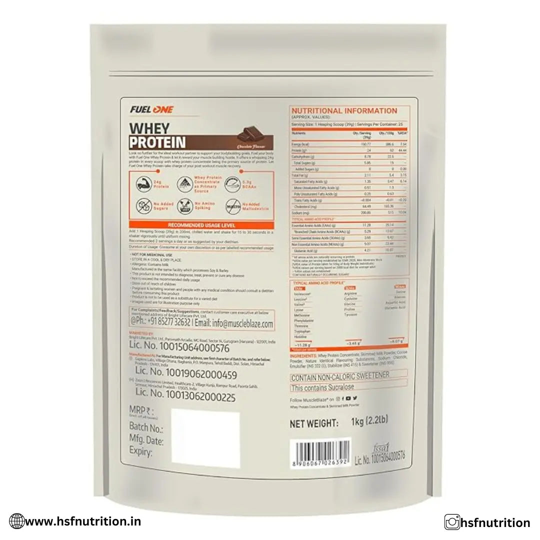 MuscleBlaze MB Fuel One Whey Protein - 1kg, Chocolate, 24g Protein - Hold Strong Fitness & Nutrition
