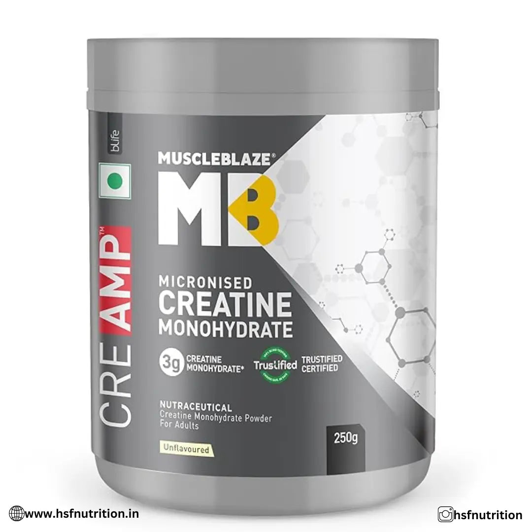 MuscleBlaze MB Creatine Monohydrate CreAMP - 80 Servings, 250g, Unflavoured - Hold Strong Fitness & Nutrition