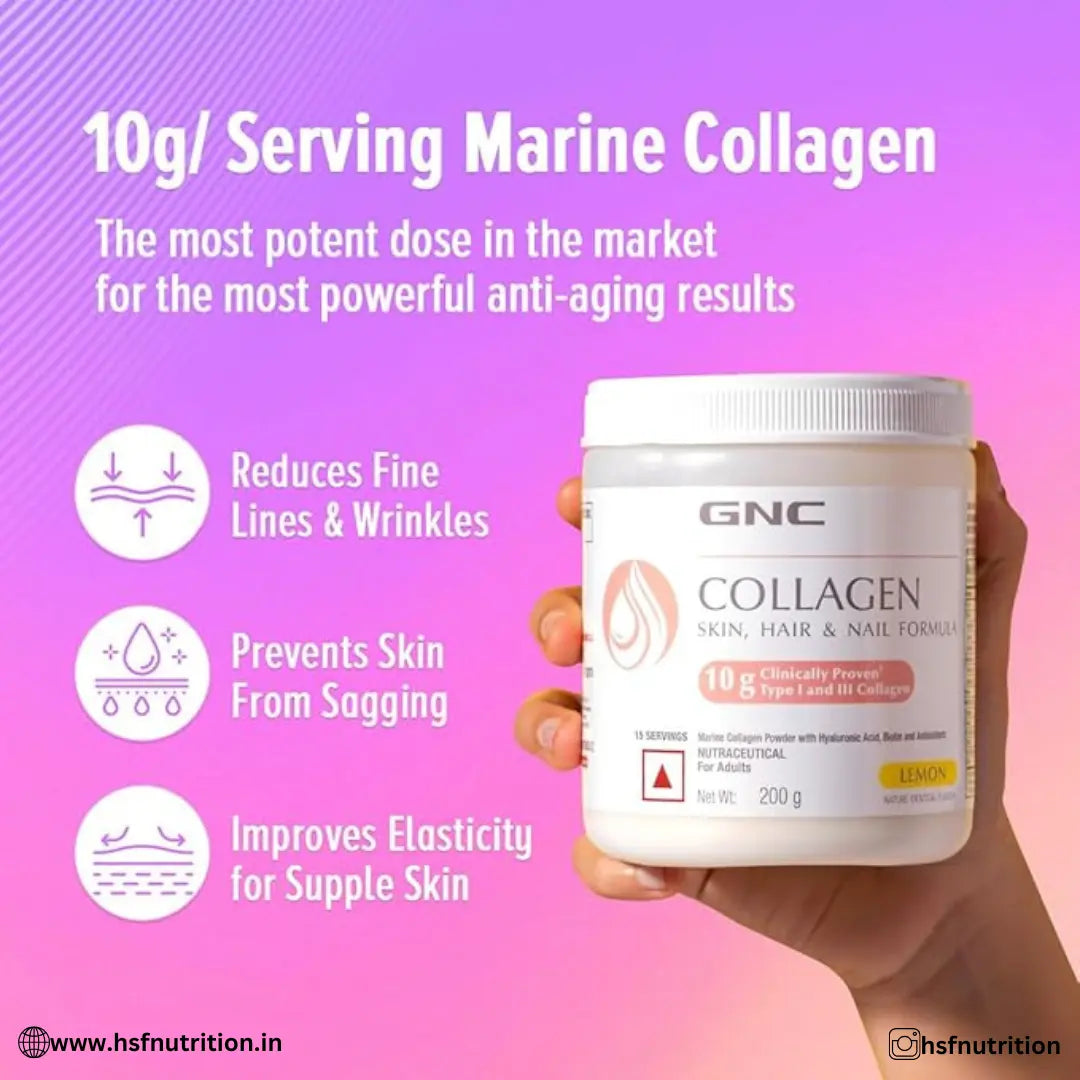 GNC Marine Collagen -200 Gm, Orange | Radiant & Youthful Skin, Reduces Fine Lines & Wrinkles, Added Hyaluronic Acid, Biotin & Vitamin C - Hold Strong Fitness & Nutrition