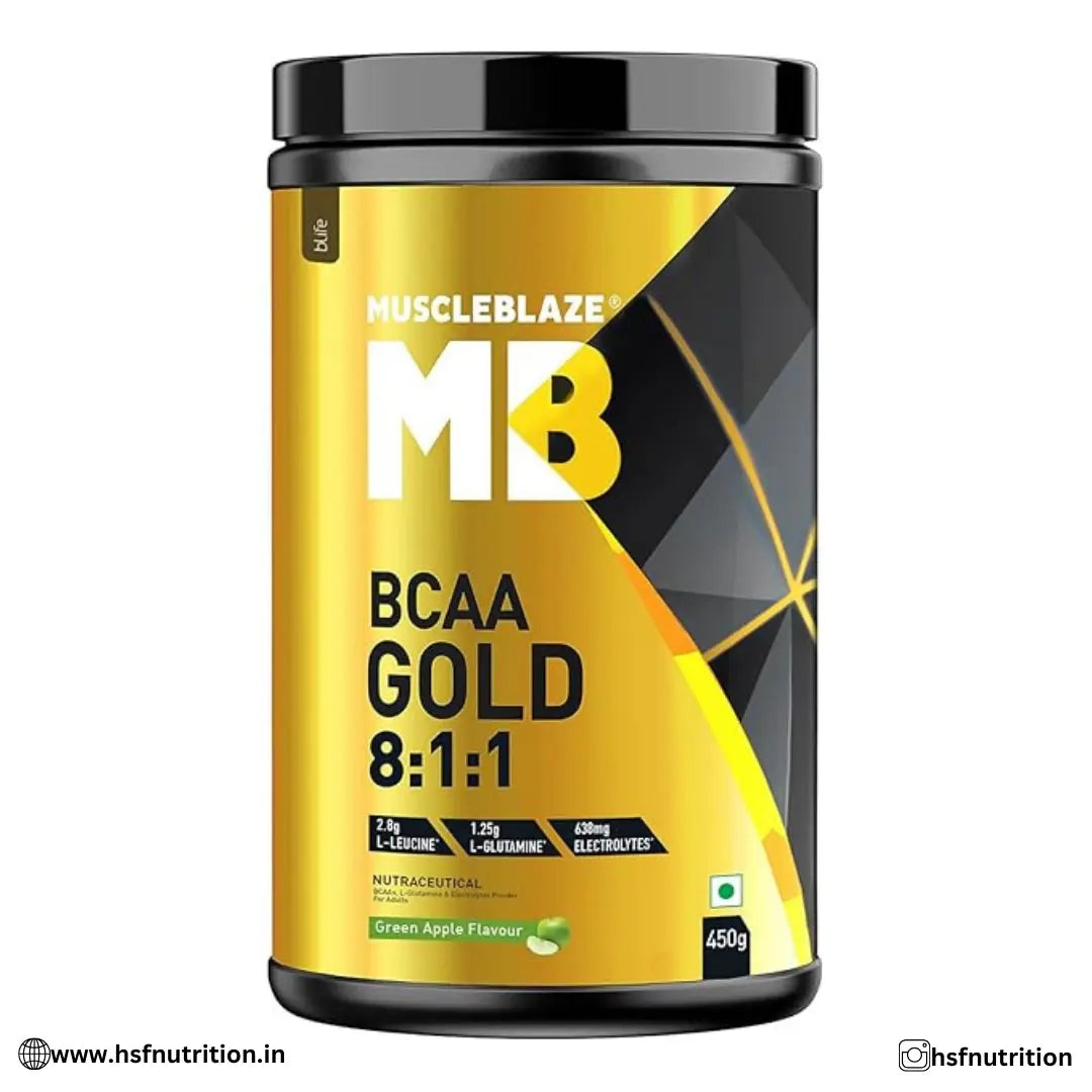 MuscleBlaze MB BCAA Gold 8:1:1 Powder - Green Apple, 450G, 30 Servings - Hold Strong Fitness & Nutrition