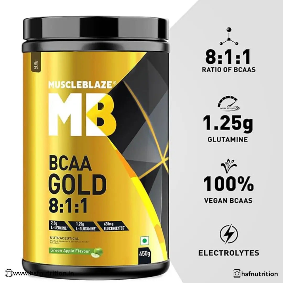 MuscleBlaze MB BCAA Gold 8:1:1 Powder - Green Apple, 450G, 30 Servings - Hold Strong Fitness & Nutrition