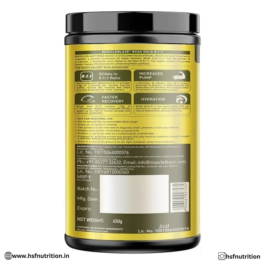 MuscleBlaze MB BCAA Gold 8:1:1 Powder - Green Apple, 450G, 30 Servings - Hold Strong Fitness & Nutrition