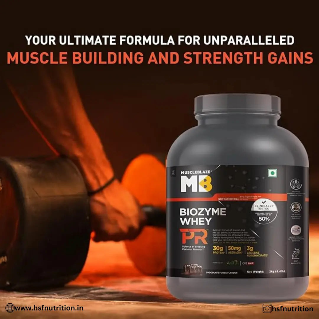 Muscleblaze MB Biozyme Whey Protein PR -  2Kg / 4.4Lbs, 30gm | 3G Creatine Monohydrate, 50Mg Astragin, Chocolate Fudge - Hold Strong Fitness & Nutrition
