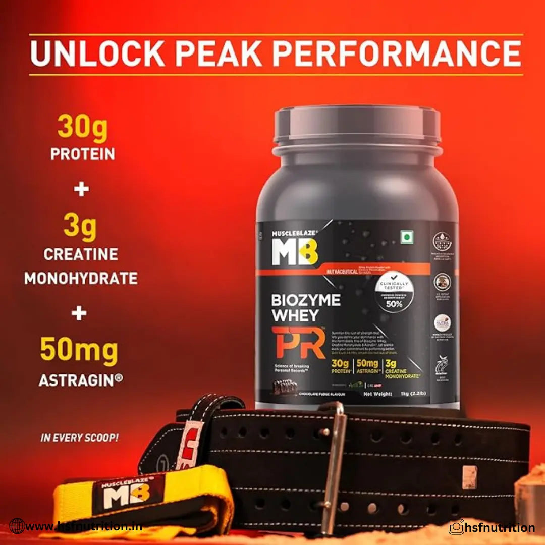 Muscleblaze MB Biozyme Whey Protein PR - 1Kg, 30gm | 3G Creatine Monohydrate, 50Mg Astragin, Chocolate Fudge - Hold Strong Fitness & Nutrition
