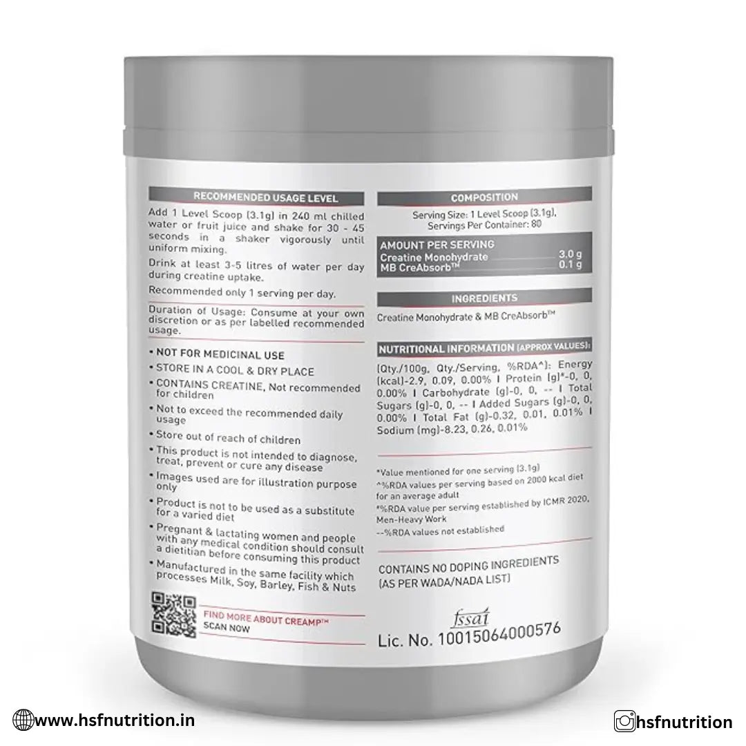 MuscleBlaze MB Creatine Monohydrate CreAMP - 80 Servings, 250g, Unflavoured - Hold Strong Fitness & Nutrition