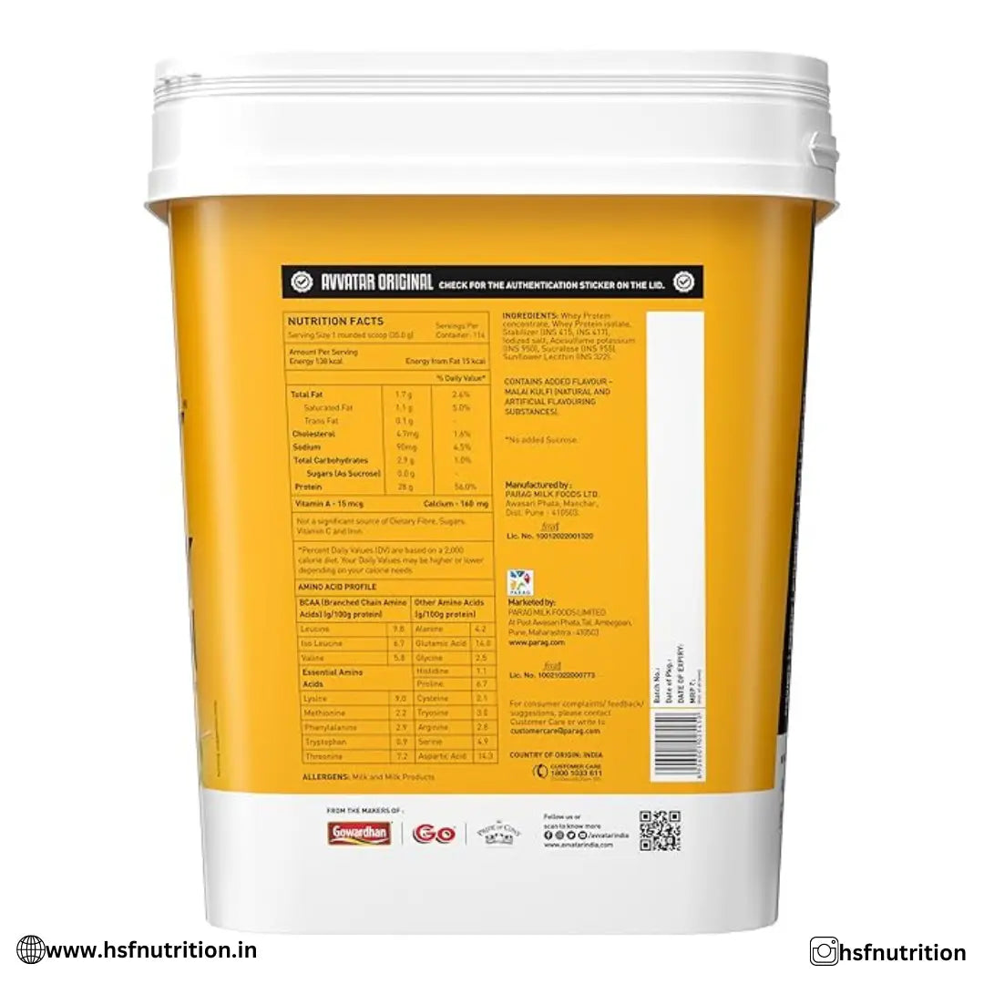 Avvatar Whey Protein - 4KG, Malai Kulfi, 28 GM Protein, Isolate & Concentrate Blend - Hold Strong Fitness & Nutrition