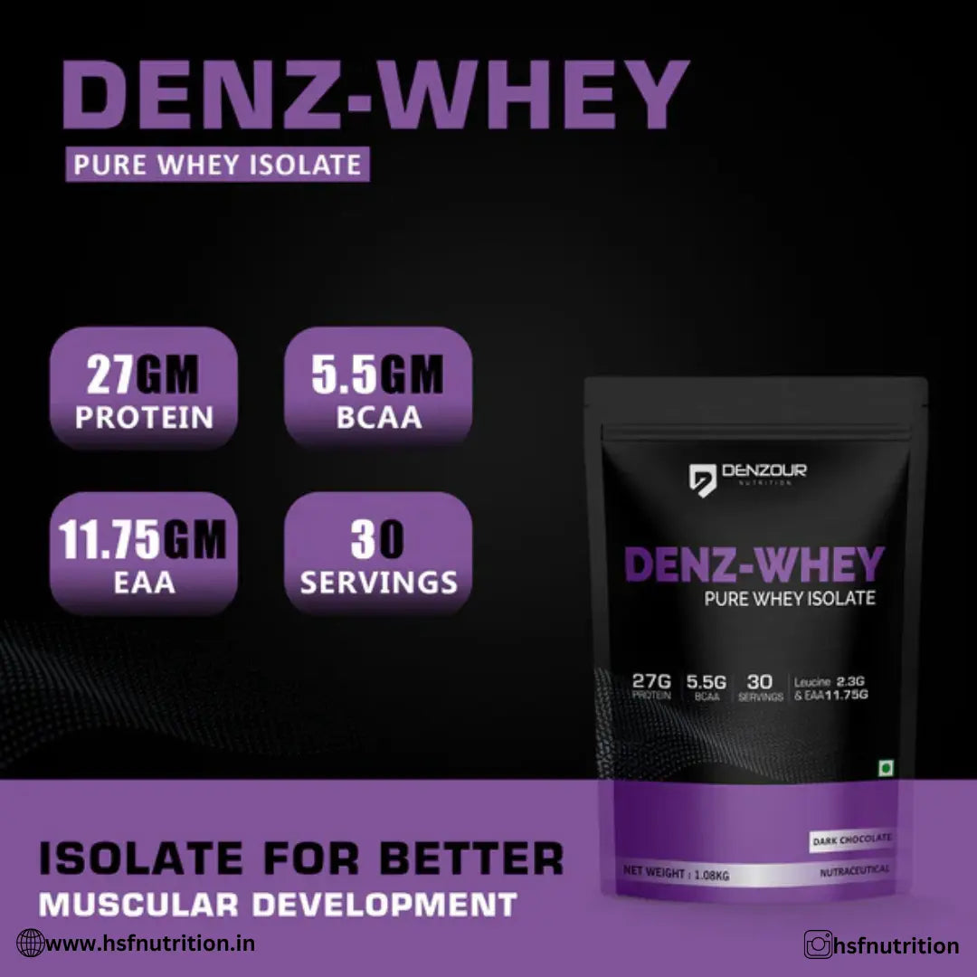 DENZOUR NUTRITION Denz-Whey Whey Isolate Protein - 1 kg, 30 Serving, 27g Protein, Dark Chocolate - Hold Strong Fitness & Nutrition