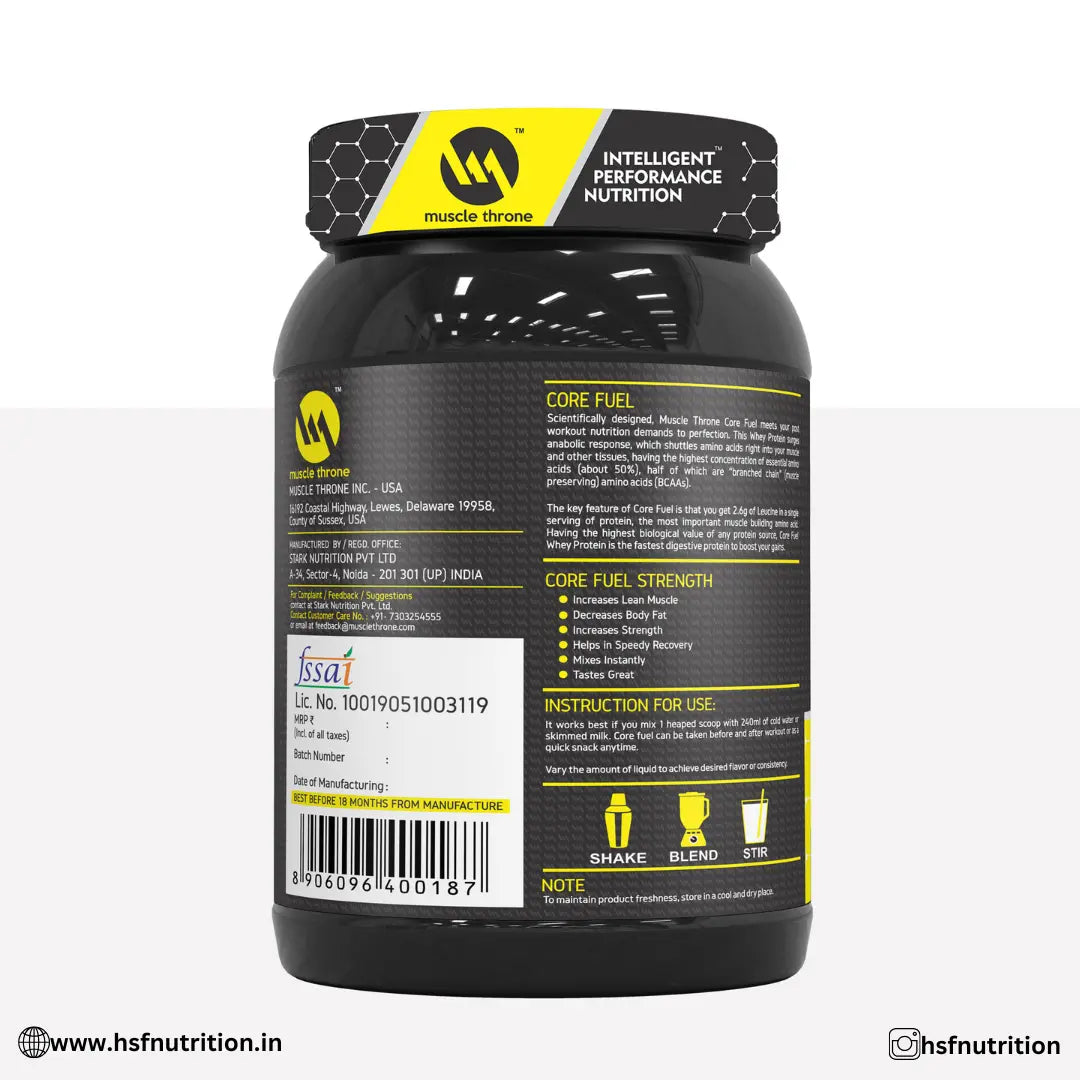 Muscle Throne Corefuel Whey Protein - 1 kg, Chocolate, 24gm, 31 Serving - Hold Strong Fitness & Nutrition