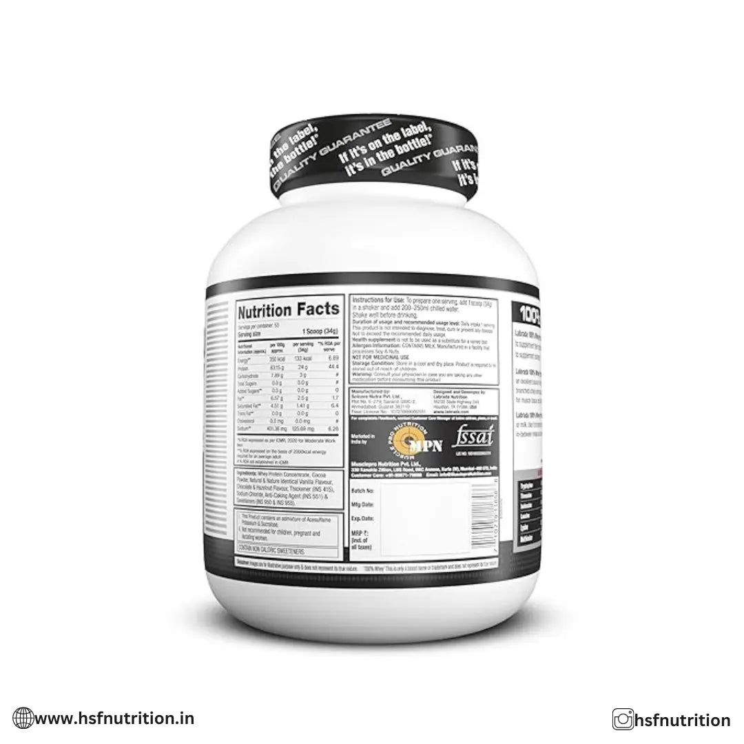 Labrada 100% Whey Protein Concentrate - 1.81kg, 25g Protein, Chocolate Hazelnut Labrada