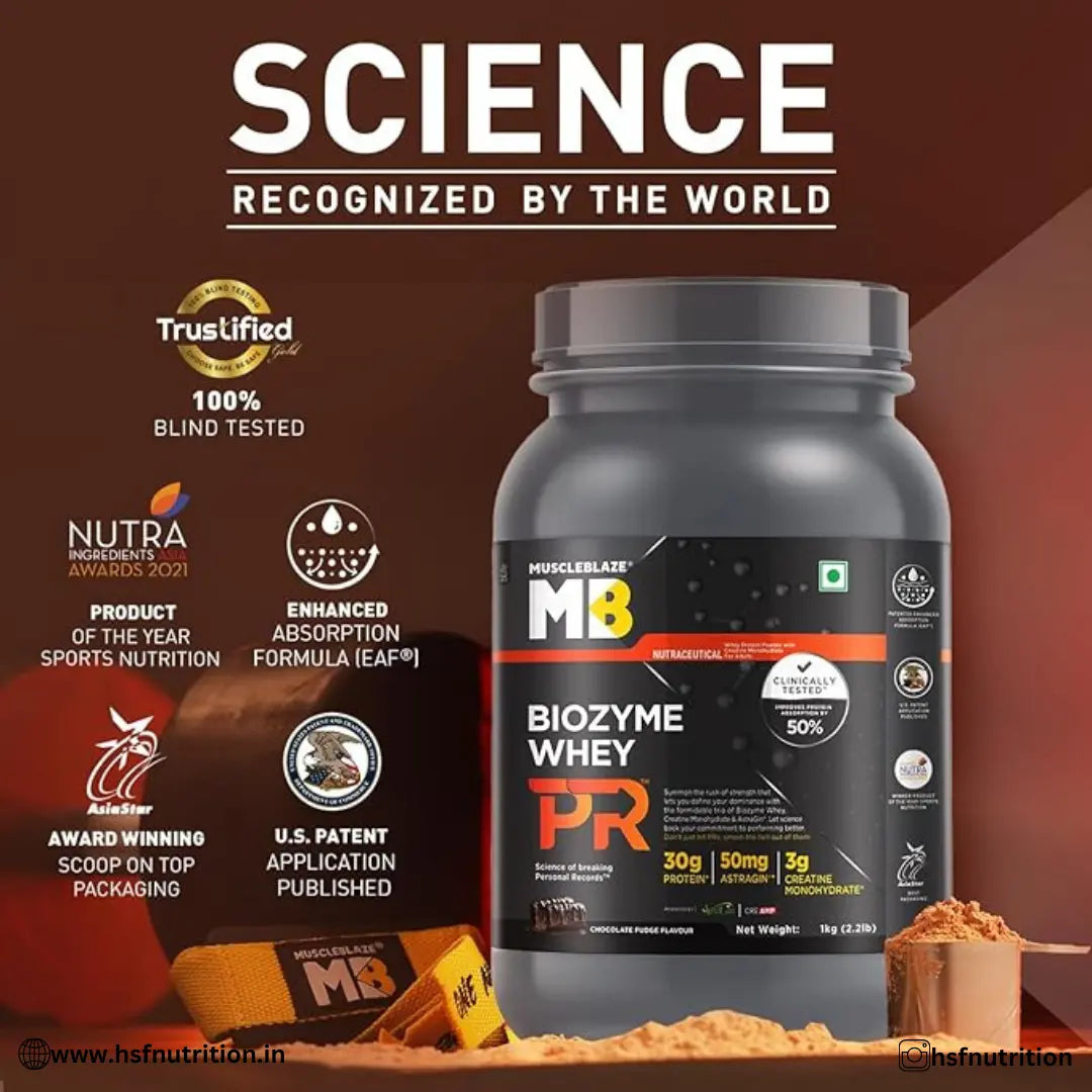 Muscleblaze MB Biozyme Whey Protein PR - 1Kg, 30gm | 3G Creatine Monohydrate, 50Mg Astragin, Chocolate Fudge - Hold Strong Fitness & Nutrition