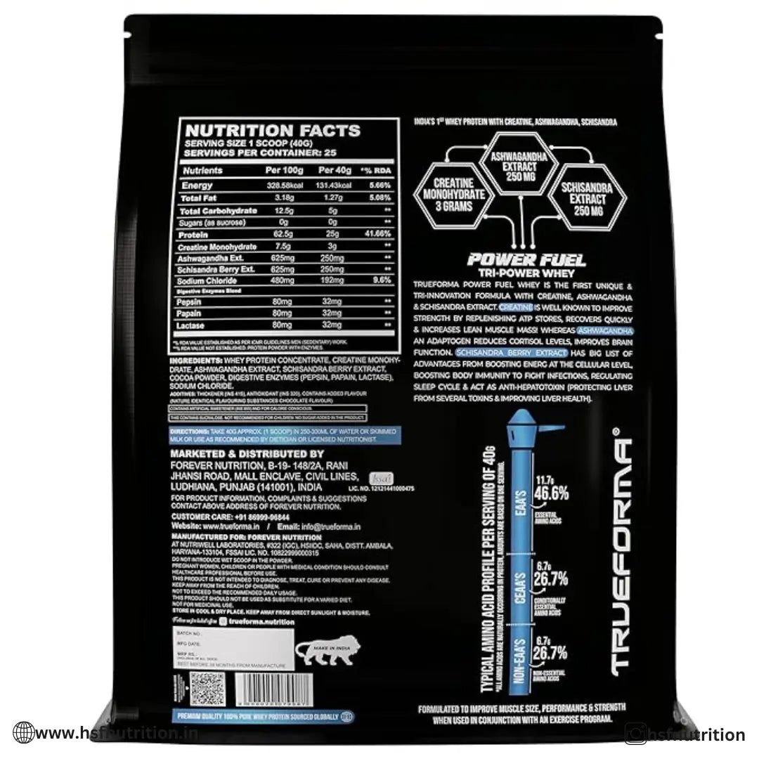 Trueforma Power Fuel Whey Protein - 1kg, 25gm, 25 Serving, Chocolate Caramel with Creatine, Ashwagandha & Schisandra - Hold Strong Fitness & Nutrition