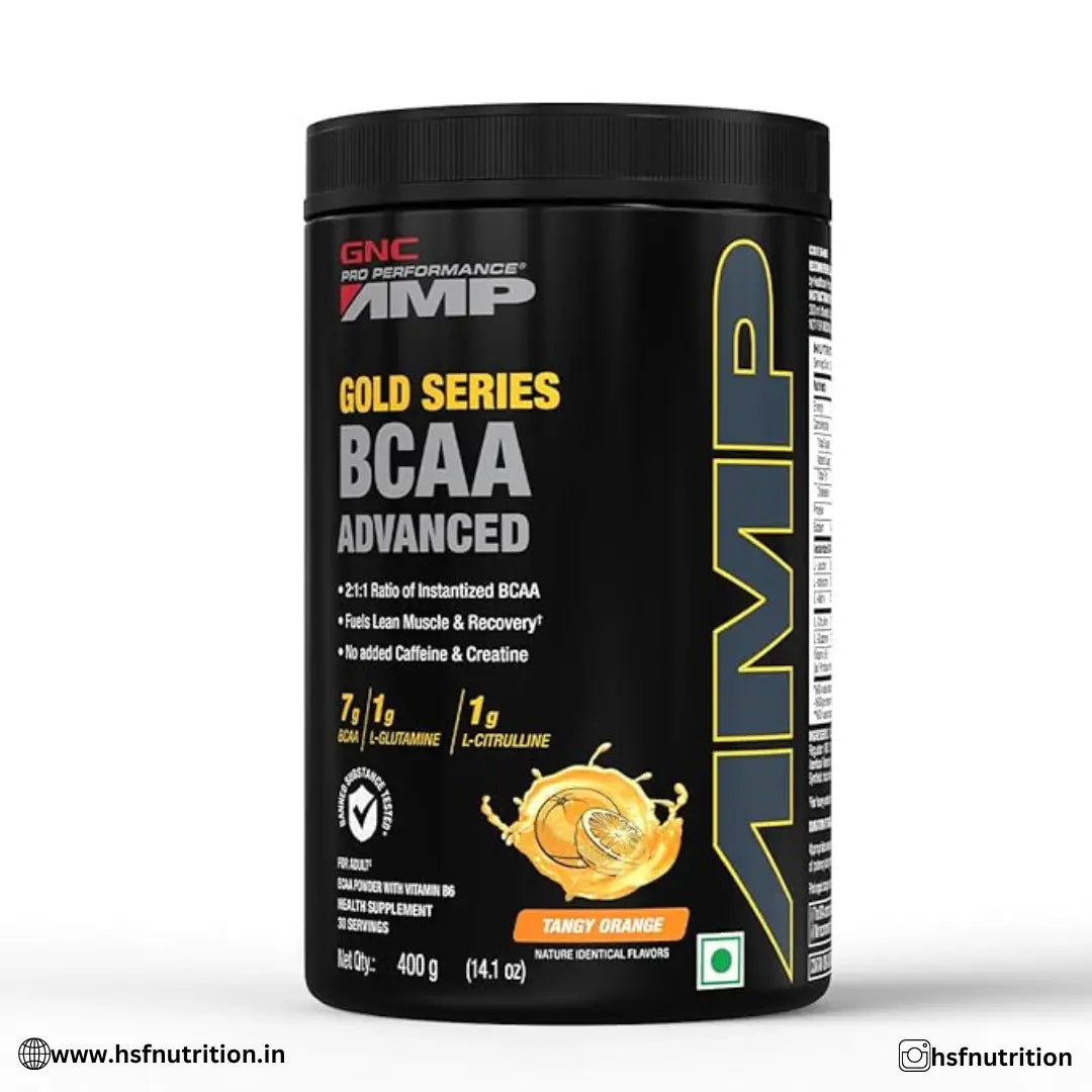 GNC AMP Gold Series BCAA Advanced - 400 gm, 30 Servings, Tangy Orange - Hold Strong Fitness & Nutrition