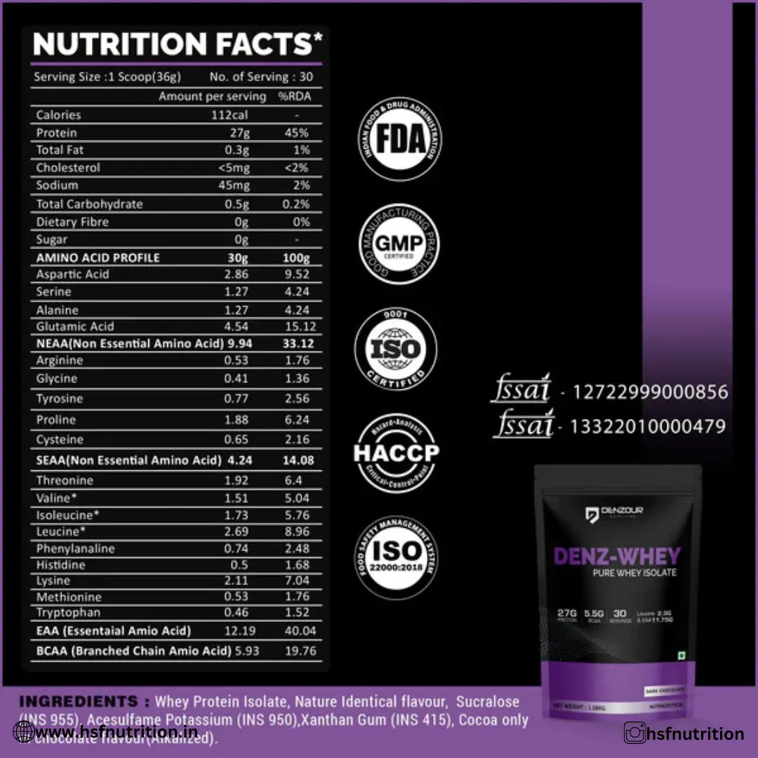 DENZOUR NUTRITION Denz-Whey Whey Isolate Protein - 1 kg, 30 Serving, 27g Protein, Dark Chocolate - Hold Strong Fitness & Nutrition
