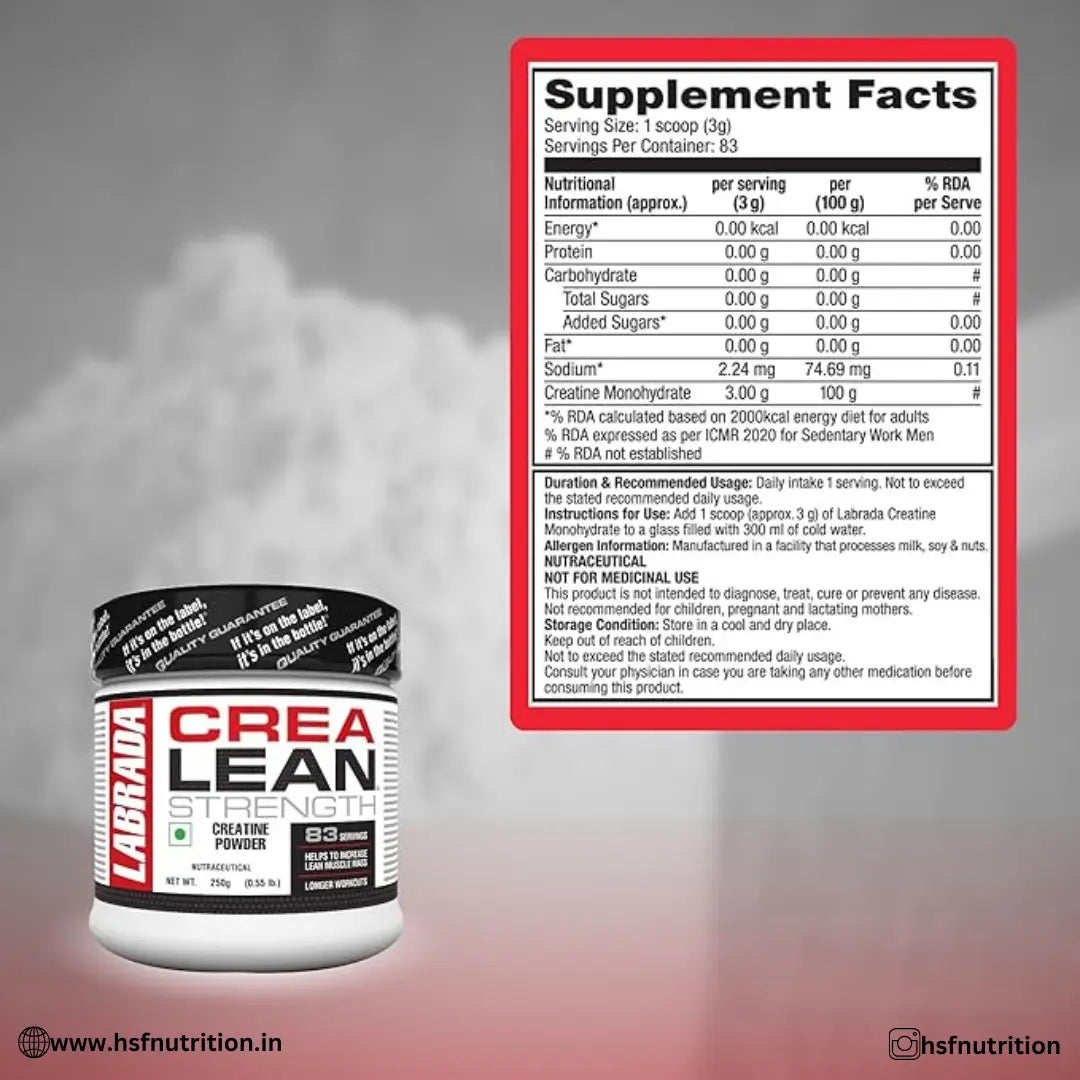 Labrada CreaLean Powder Creatine Monohydrate – 250g, 83 Servings, Unflavored - Hold Strong Fitness & Nutrition