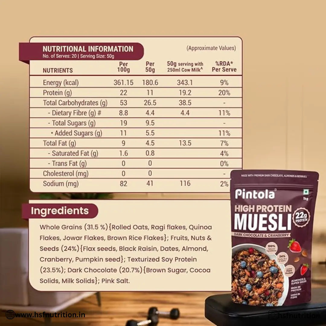 Pintola High Protein Muesli - 1kg, 22g Protein, Dark Chocolate & Cranberry - Hold Strong Fitness & Nutrition