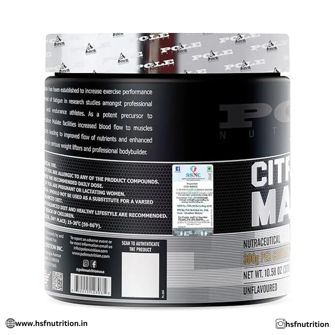 Pole Nutrition Citrulline Malate - 300g, Unflavored  | Boost Endurance & Recovery with Nitric Oxide Support - Hold Strong Fitness & Nutrition