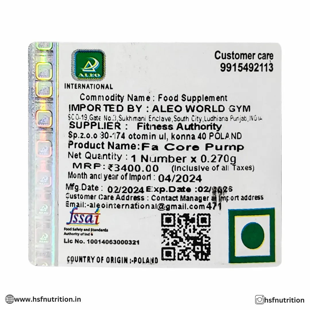 FA CORE Pump Energizer PreWorkout Formula - 270g, 60 Servings FA Core