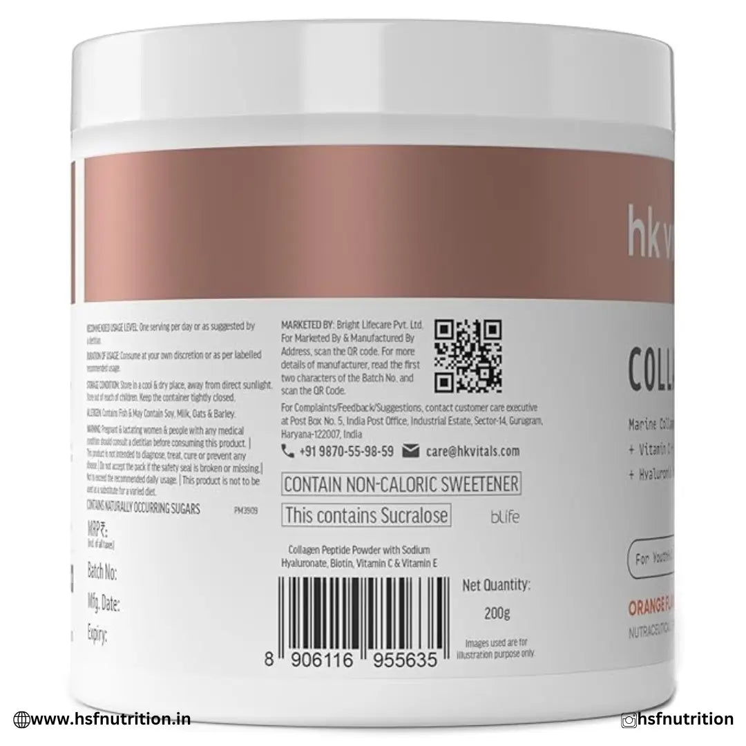 HealthKart Hk Vitals Marine Collagen Supplement - 200gm, Orange | Vitamin C, E, Sodium Hyaluronate | For Healthy Skin, Hair & Nails HealthKart