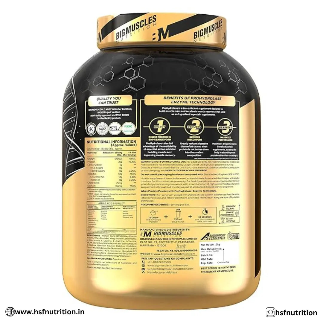 Bigmuscles Nutrition Premium Gold Whey - 2kg, 25g Protein, Chocolate - Hold Strong Fitness & Nutrition