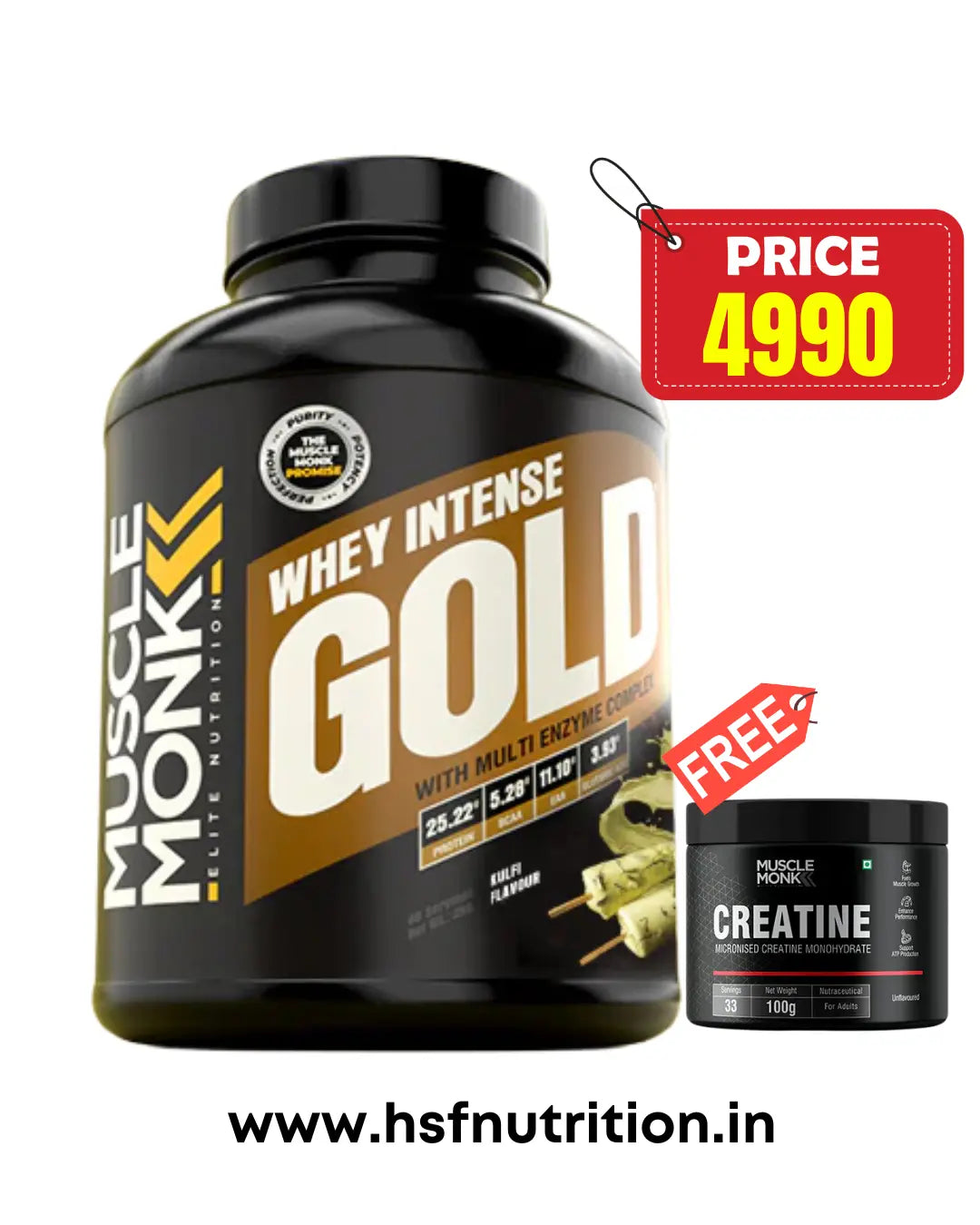 Muscle Monk Whey Intense Gold Protein – 2kg, 60 Servings (Free 100gm Creatine) Muscle Monk