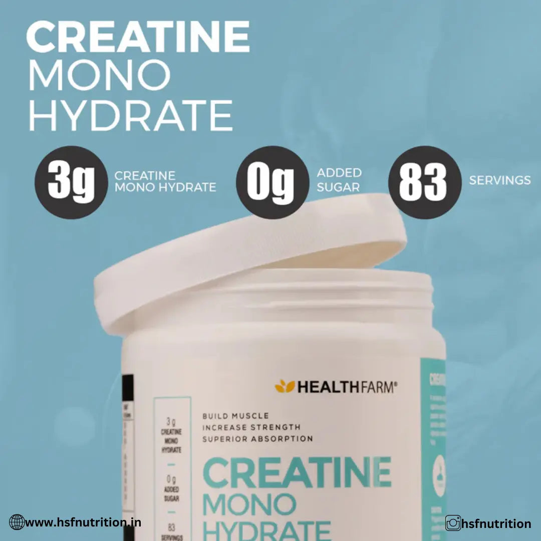 HEALTHFARM Micronized Creatine Monohydrate - 250gm, 83 Serving, Unflavored - Hold Strong Fitness & Nutrition