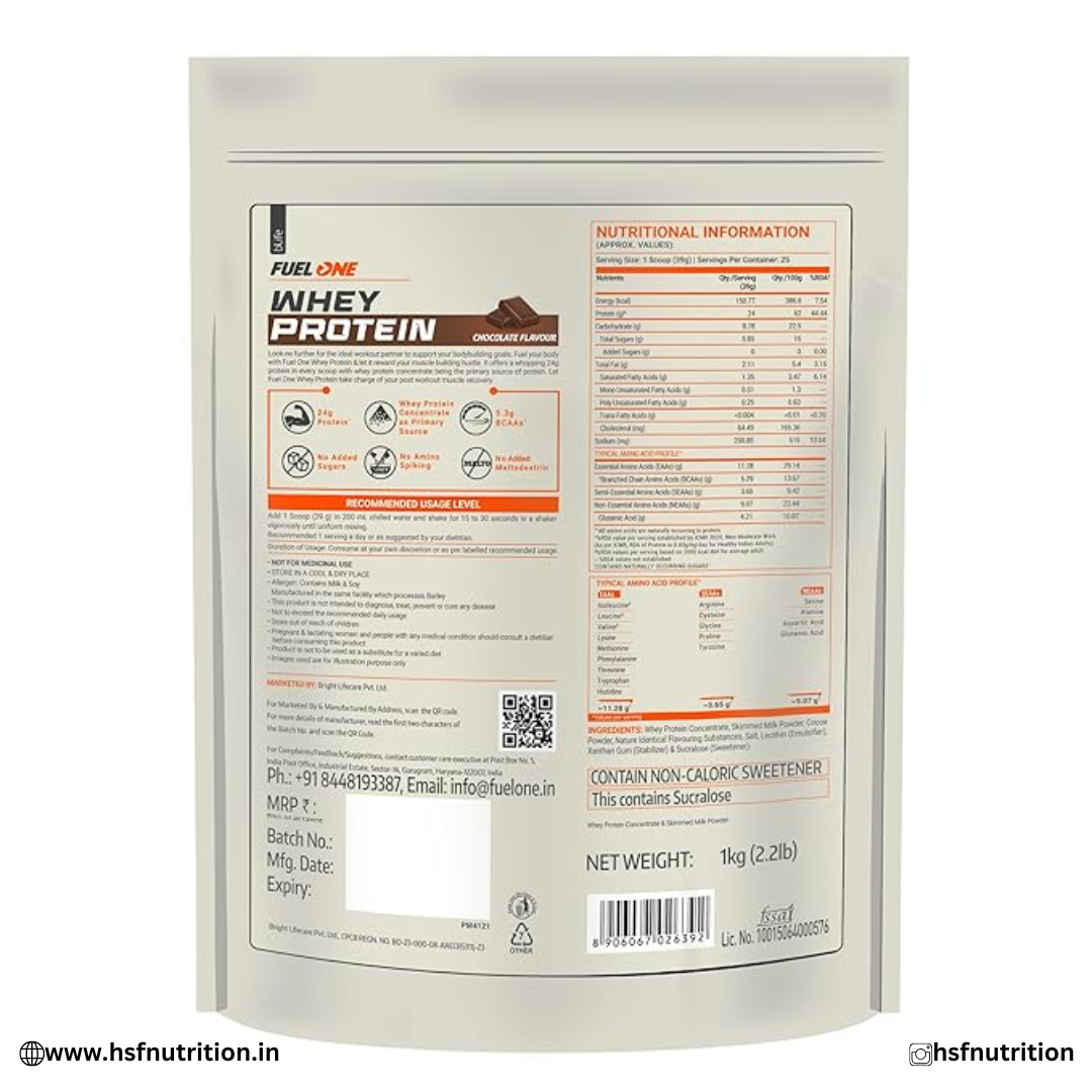 FUELONE Whey Protein - 1kg, Chocolate | 24g Protein | 5.29g BCAA & 4.2g Glutamic Acid FUELONE