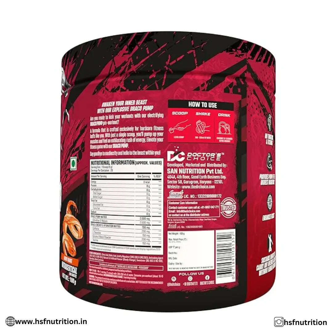 DOCTORS CHOICE DC PreWorkout Draco Pump - 20 Serving, 100gm, Bloody Orange - Hold Strong Fitness & Nutrition