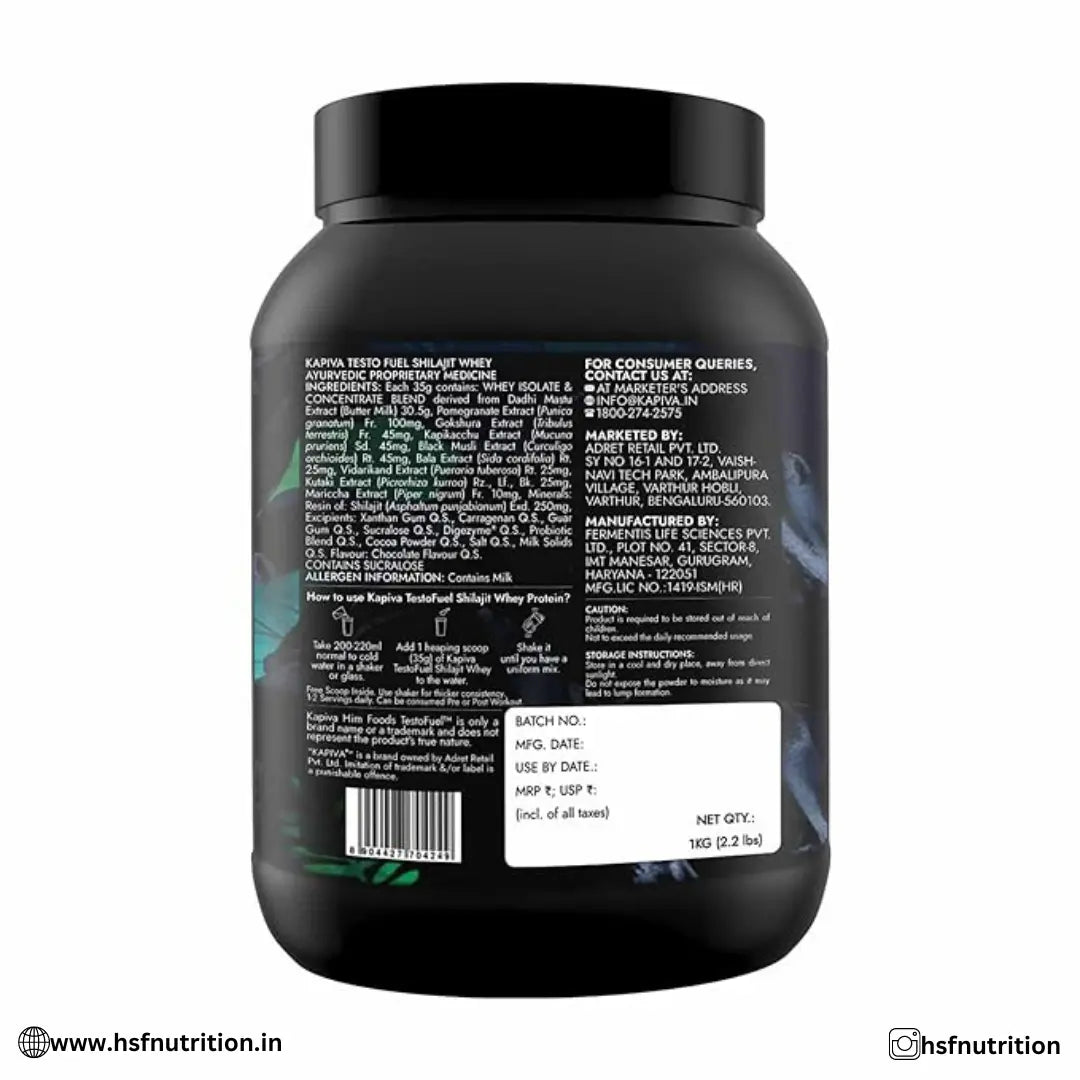 Kapiva Him Foods Testofuel Shilajit Whey Protein - 1kg, Chocolate - Hold Strong Fitness & Nutrition