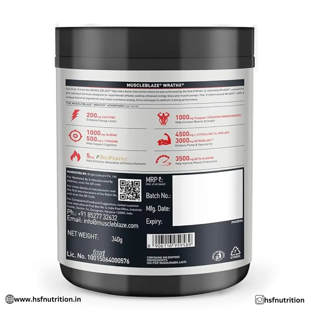 MuscleBlaze MB PreWorkout WrathX - Creapure, Nitroblaze & Bioperine - Fruit Fury, 340 G, 20 Serving - Hold Strong Fitness & Nutrition