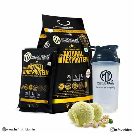 MuscleTrail Gold Standard Series - 1.86Kg, Kesar Kaju Pista, 60 Pouches, 24G | Free Shaker Inside - Hold Strong Fitness & Nutrition