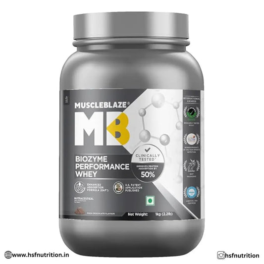 MuscleBlaze MB Biozyme Performance Whey Protein - Rich Chocolate, 1 kg - Hold Strong Fitness & Nutrition