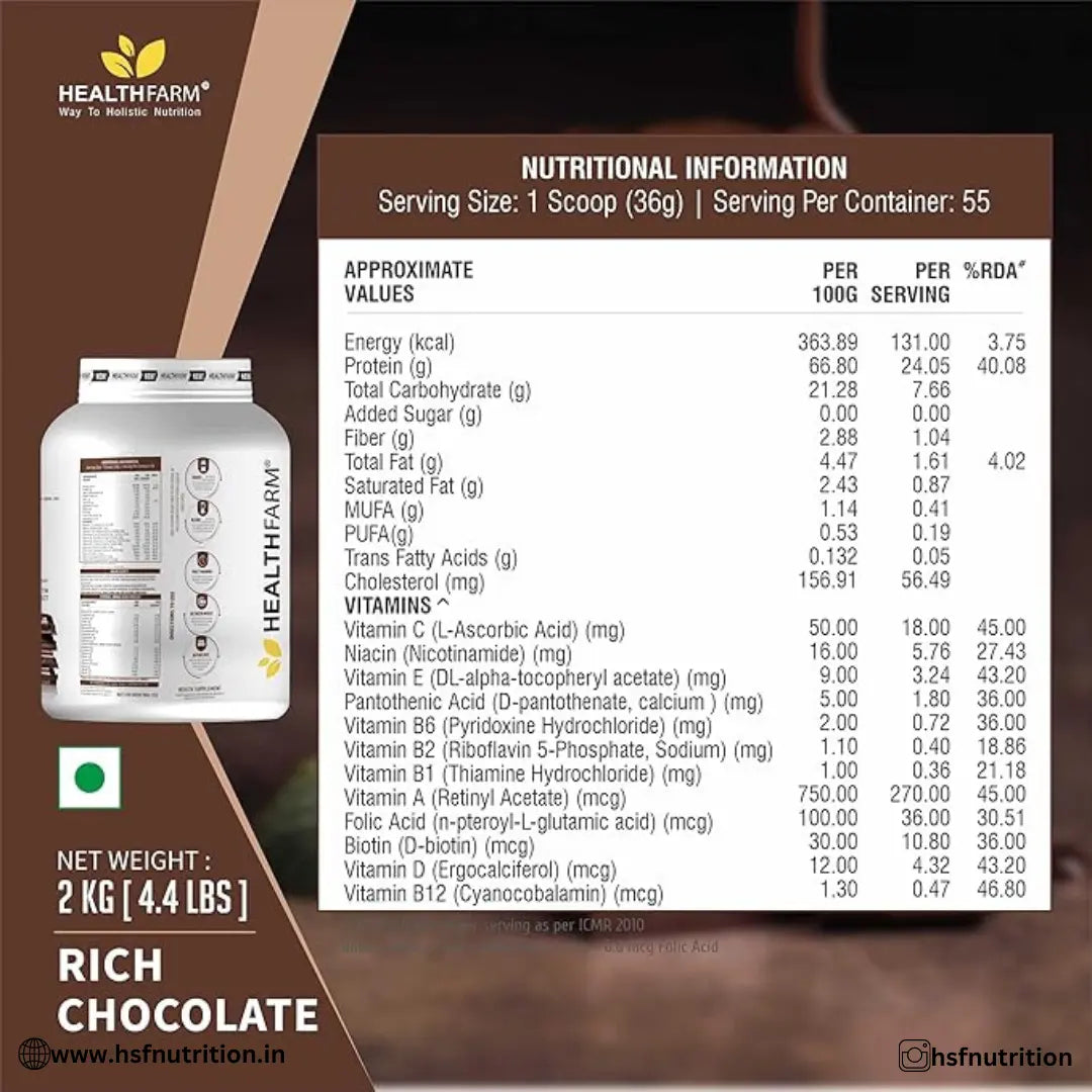 HEALTHFARM Whey Protein Plus with added vitamins - 2Kg, 24g Protein, Rich Chocolate - Hold Strong Fitness & Nutrition