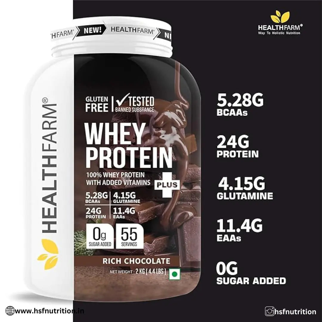 HEALTHFARM Whey Protein Plus with added vitamins - 2Kg, 24g Protein, Rich Chocolate - Hold Strong Fitness & Nutrition