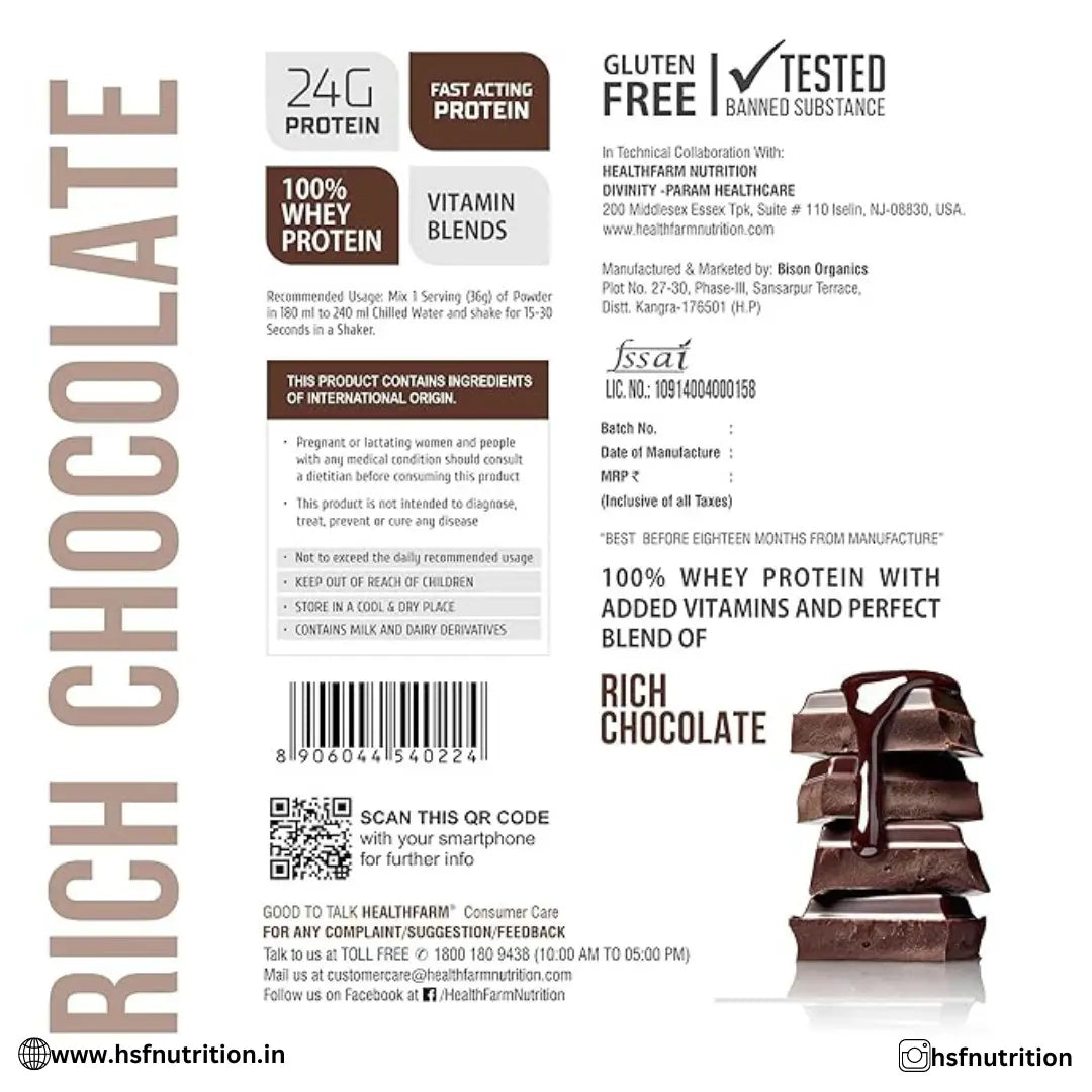 HEALTHFARM Whey Protein Plus with added vitamins - 2Kg, 24g Protein, Rich Chocolate - Hold Strong Fitness & Nutrition