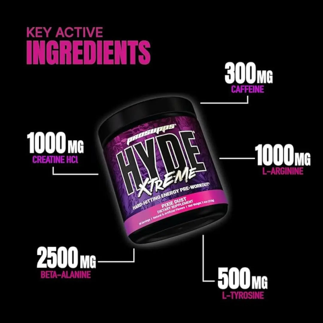 PS PROSUPPS Hyde Xtreme - Hard Hitting Energy PreWorkout  -  30 Servings, 195gm, Pixie Dust | Caffeine, Beta-Alanine, Creatine Hcl, L-Arginine - Hold Strong Fitness & Nutrition