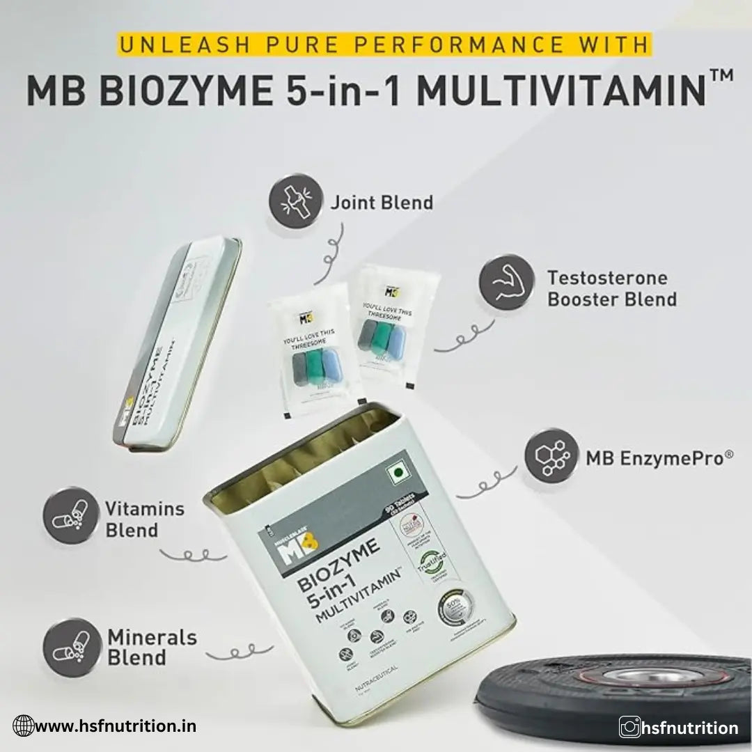 MuscleBlaze MB Biozyme Daily Multivitamin - 90 Tablets | 5-in-1 Supplement with Vitamins, Minerals, Joint, T-Booster Blend - Hold Strong Fitness & Nutrition