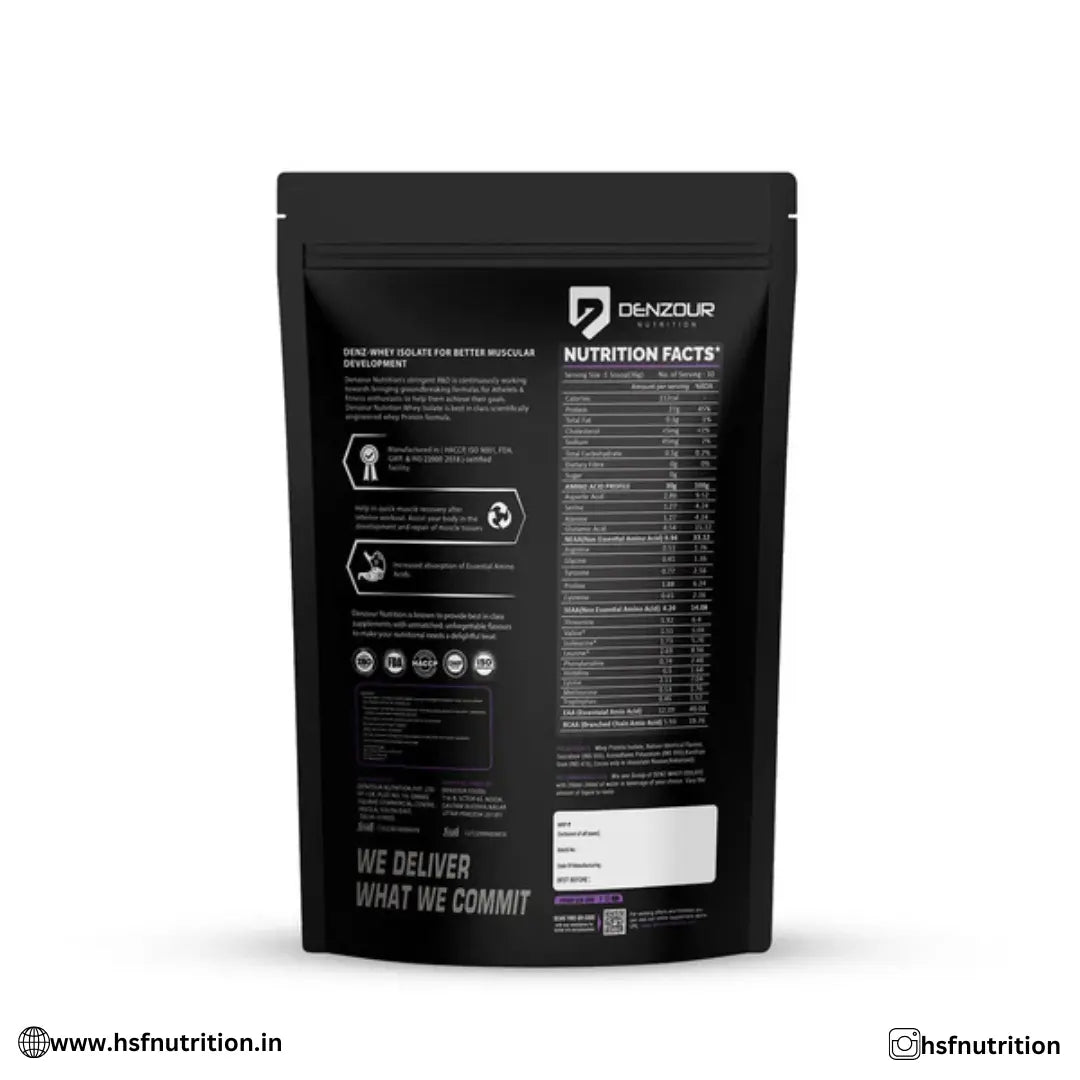 DENZOUR NUTRITION Denz-Whey Whey Isolate Protein - 1 kg, 30 Serving, 27g Protein, Dark Chocolate - Hold Strong Fitness & Nutrition