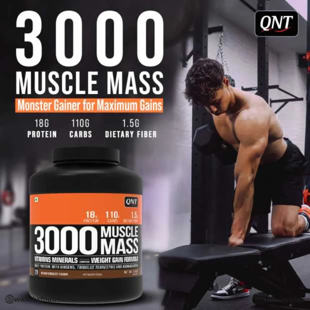 QNT Mass Gainer - 3000 Muscle Mass Gainer - 3Kg, Belgian Chocolate | Best Weight Gain Protein Supplement - Hold Strong Fitness & Nutrition